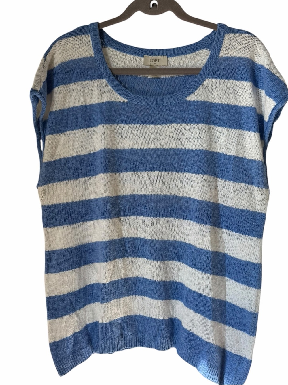 LOFT Blue White Striped Knit Top Sweater Sleeveless Short Sleeves Lightweight